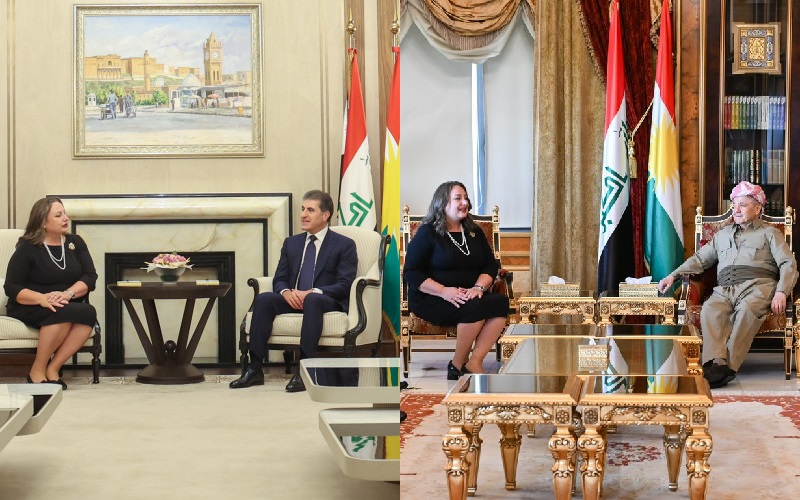 القنصل العام الأمريكي الجديد في أربيل غويندالن غرين، تلتقي زعيم الحزب الديمقراطي الكوردستاني مسعود بارزاني، ورئيس إقليم كوردستان نيجيرفان بارزاني