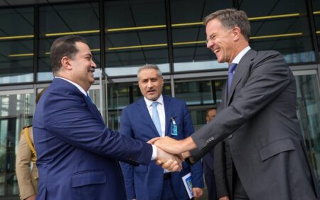 رئيس الوزراء العراقي محمد شياع السوداني، يلتقي في العاصمة البلجيكية بروكسل، الأمين العام لحلف الشمال الأطلسي مارك روته