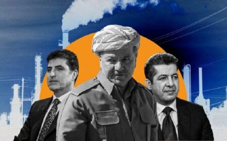 صورة تجمع زعيم الحزب الديمقراطي الكوردستاني مسعود بارزاني، ورئيس إقليم كوردستان نيجيرفان بارزاني، ورئيس وزراء الإقليم مسرور بارزاني