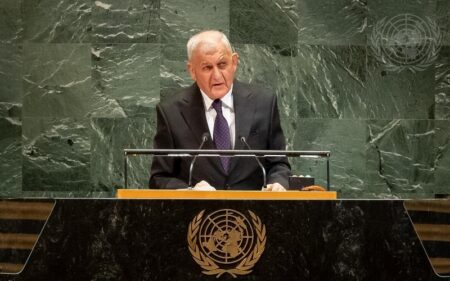 الرئيس العراقي عبد اللطيف جمال رشيد، خلال إلقاء كلمته أمام الدورة السنوية الثمانين للجمعية العامة للأمم المتحدة