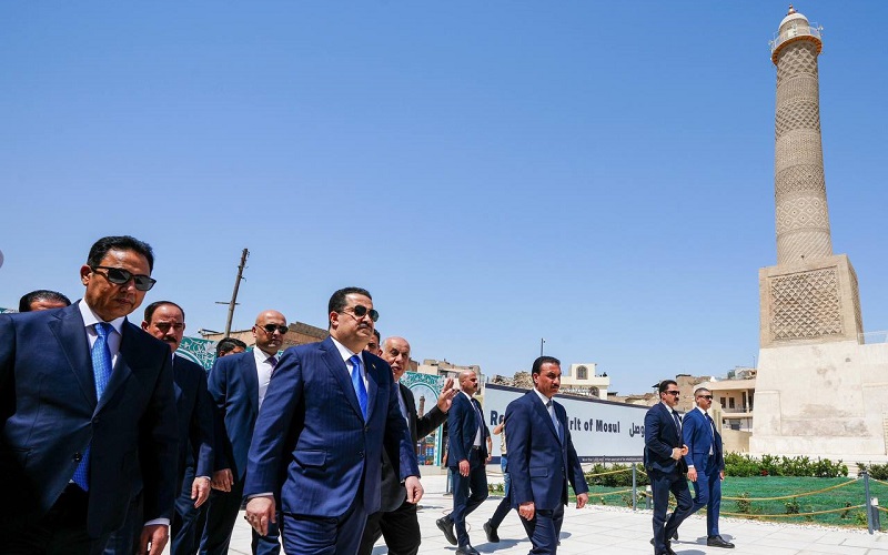 رئيس الوزراء العراقي محمد شياع السوداني، في مراسم افتتاح الجامع النوري الكبير ومئذنته الحدباء وسط مدينة الموصل