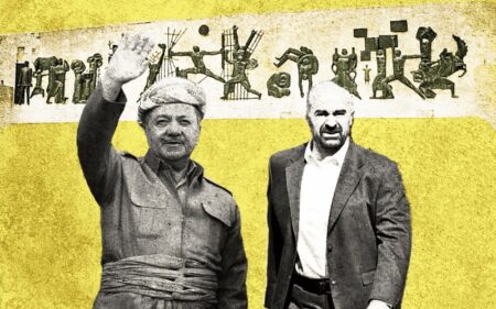 رئيس الاتحاد الوطني الكوردستاني بزعامة بافل طالباني، مع زعيم الحزب الديمقراطي الكوردستاني مسعود بارزاني