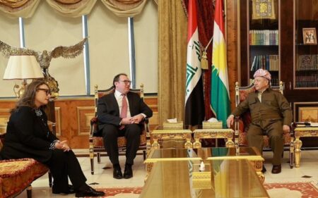 رئيس الحزب الديمقراطي الكوردستاني مسعود بارزاني يستقبل القائم بأعمال السفارة الأمريكية في بغداد جوشوا هاريس والقنصل العام للولايات المتحدة في أربيل وندي غرين