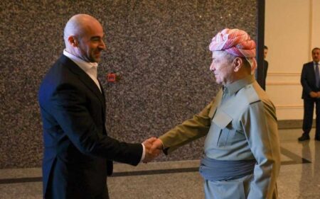 زعيم الحزب الديمقراطي الكوردستاني مسعود بارزاني، يستقبل رئيس الاتحاد الوطني الكوردستاني بافل طالباني