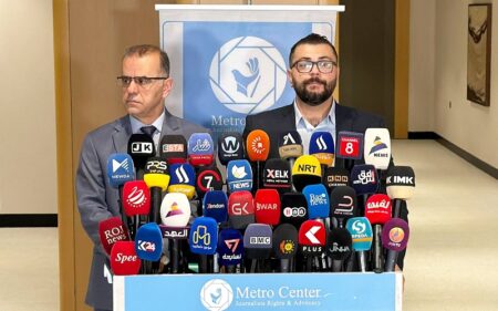 مؤتمر صحفي مشترك لمدير مركز مترو للدفاع عن حقوق الصحفيين دياري محمد وسكرتير فرع السليمانية لنقابة الصحفيين الكوردستانيين كاروان أنور