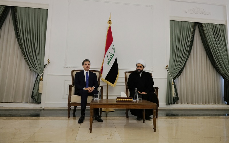 الأمين العام لحركة عصائب أهل الحق قيس الخزعلي يستقبل رئيس إقليم كوردستان نيجيرفان بارزاني