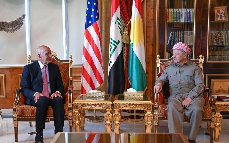 رئيس الحزب الديمقراطي الكوردستاني مسعود بارزاني يستقبل المبعوث الرئاسي الأمريكي إلى العراق وسوريا وسفير الولايات المتحدة لدى تركيا توم باراك