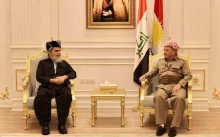رئيس الحزب الديمقراطي الكوردستاني مسعود بارزاني يستقبل رئيس جماعة العدل الكوردستانية علي بابير