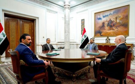 الرئيس العراقي نزار آميدي يستضيف اجتماع الرئاسات الأربع بحضور رئيس الوزراء علي الزيدي ورئيس مجلس النواب هيبت الحلبوسي ورئيس مجلس القضاء الأعلى القاضي فائق زيدان