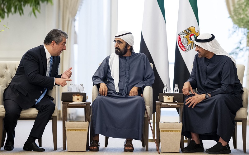 رئيس وزراء إقليم كوردستان مسرور بارزاني يلتقي رئيس الإمارات الشيخ محمد بن زايد آل نهيان بحضور نائب رئيس الدولة رئيس مجلس الوزراء حاكم دبي الشيخ محمد بن راشد آل مكتوم