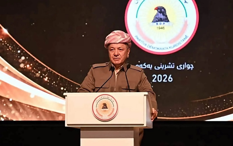 رئيس الحزب الديمقراطي الكوردستانی مسعود بارزاني يلقي كلمة خلال حفل اختتام الدورة العشرين لمعهد إعداد كور الحزب بمدينة أربيل عاصمة إقليم كوردستان