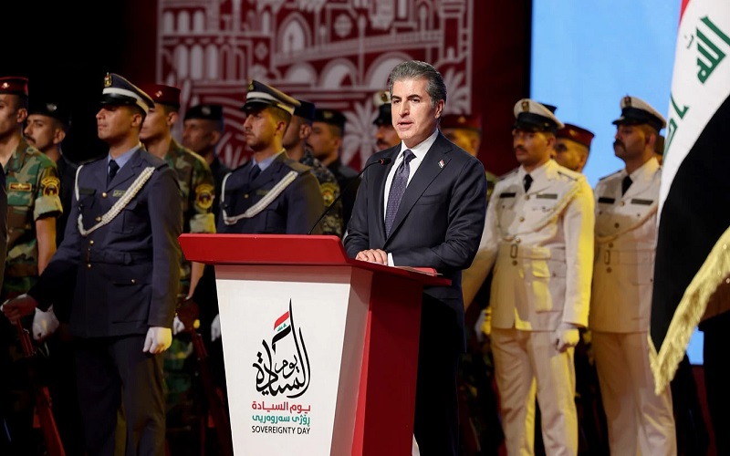 رئيس إقليم كوردستان نيجيرفان بارزاني يلقي كلمة في مؤتمر يوم السيادة بالعاصمة العراقية بغداد